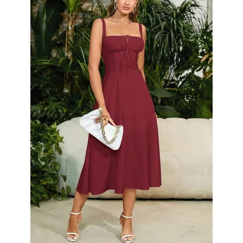 New Summer Fashion Women's Dresses Solid Square Neck Cami Ruched Corset Waist Midi A-Line skirts Elegant Summer Party Dress Y2K
