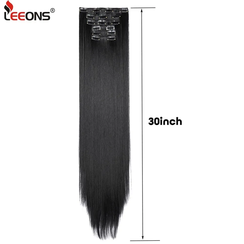 Leeons Black Hair Extension 30"/75Cm 150G 6Pcs/Set Women Long Straight Synthetic Hair Full Head Clip In Hair Extensions Pieces