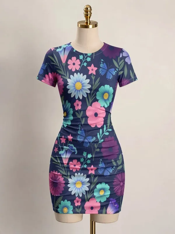 Womens Short Sleeve Bodycon Mini Dress Slim Fit Crew Neck Floral Print Casual Summer Party Cute Smooth Holiday Vacation Sundress