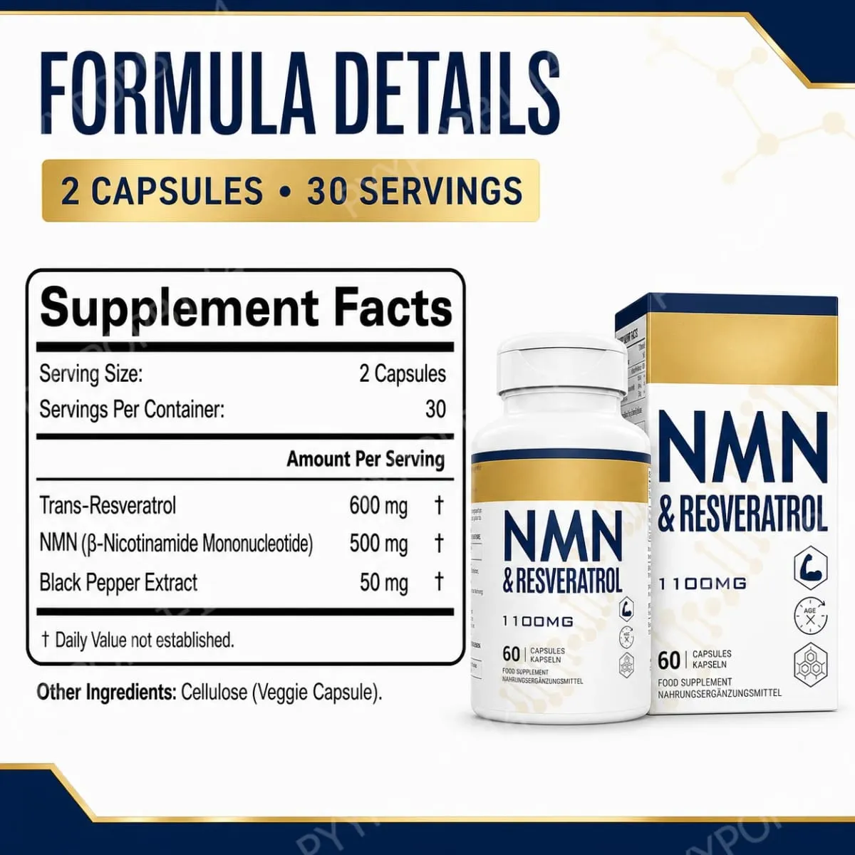 NMN+Resveratrol 60 Capsules Powerful Antioxidant Supplement for Heart Health & Anti-Aging Enhanced with Black Pepper Extract