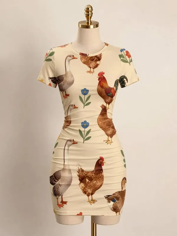 Womens Short Sleeve Bodycon Mini Dress Slim Fit Crew Neck Floral Print Casual Summer Party Flattering Lightweight Party Sundress