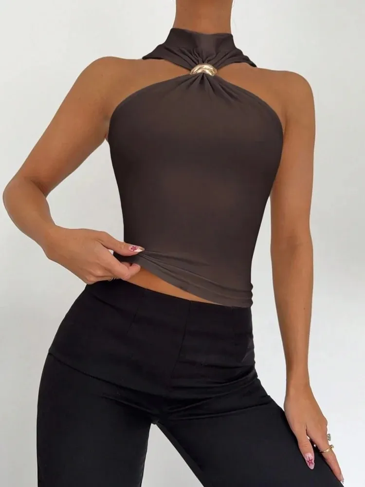Metal Ring Decor Twist Knot Sleeveless Tank Top for Women Summer Casual Elegant Office Style Halter Neck Slim Fit Crop Top