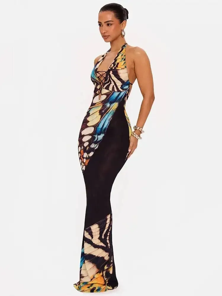 Mozision Women Butterfly Print Halter Maxi Dress Deep V Neck Bodycon Long Dress Sleeveless Backless Evening Party Club Dresses