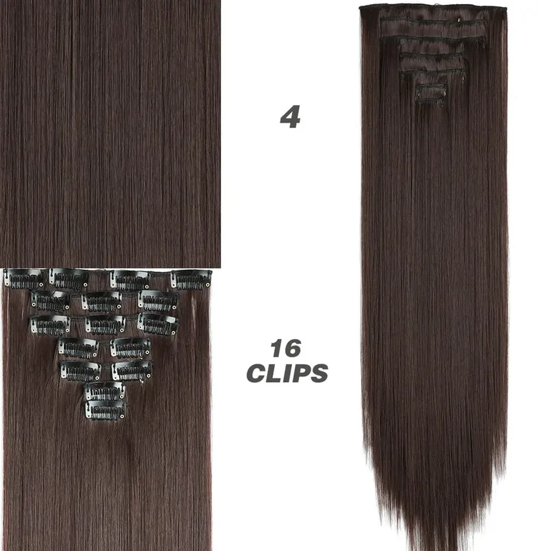 Synthetic 7Pcs/Set 22" Wavy Hairpiece Straight 16 Clips Hair Extensions Heat Resistant Styling False Hair