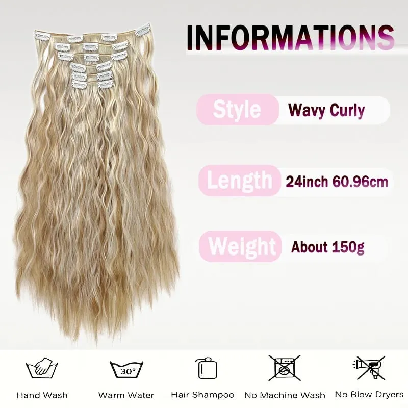 24Inch Synthetic Long Kinky Curly Clip-in Hair Extensions for Women High-Temperature Fiber Fluffy Hairpiece Everyday Wear