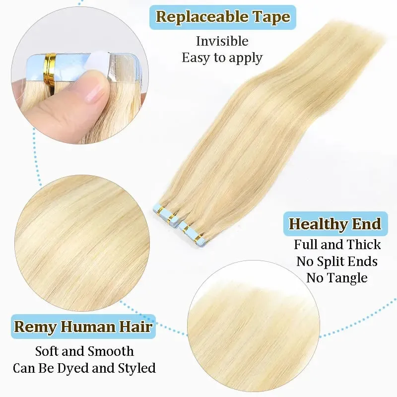 Tape In Hair Extensions Remy Human Hair Blonde Highlight Invisible Hair Extensions For Short Straight Hair 20Inch 20Pcs/Pack