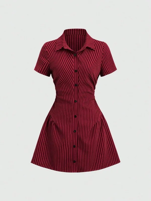 Women's Summer Mini Dress V Neck Bubble Sleeve Pleated A Line Shirt Dress Casual Short Dresses for Women