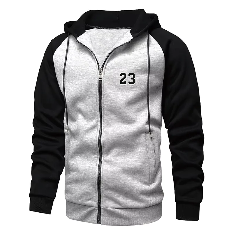Men's Number 23 print Fleece Hoodies Long Sleeve Sweatshirt para sa Mga Lalaki Zipper Hooded Mens Fashion color blocking Sweatshirt