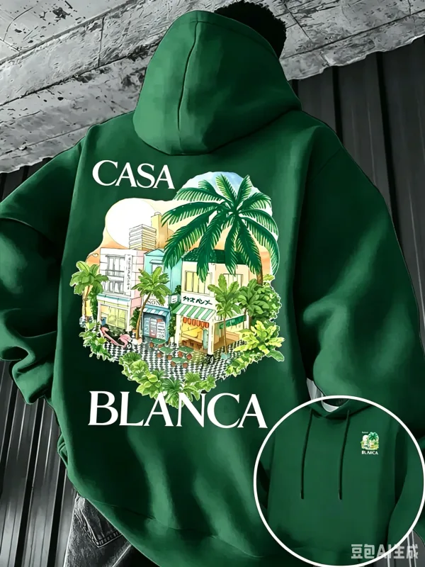 Men's Fall/Winter Fleece Hoodie with Tropical Palm City Landscape Print Warm and Loose Fit Street Style Hooded Sweatshirt