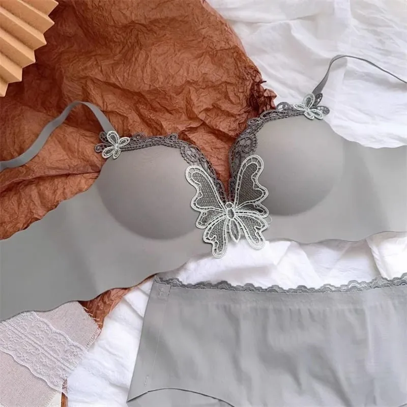 Butterfly Embroidery Non Wire Bras and Panty Set for Women Push Up Prevent Sagging Seamless Lingerie Sets Bralette Mujer Sutyen