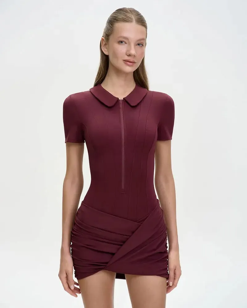 Short Sleeve Zipper Sports Bodysuit Women Rompers Summer Casual Draped Ruched Slim Fit Fitness Bodysuits Female
