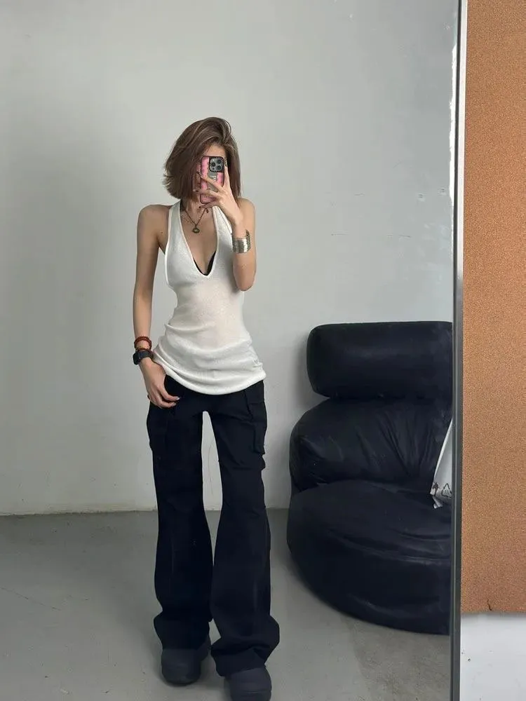 Sexy Hot Girl V-neck Knitted Halter Top for Women in Summer New Style for Outerwear Backless White Sports Slim Fit Top Trendy