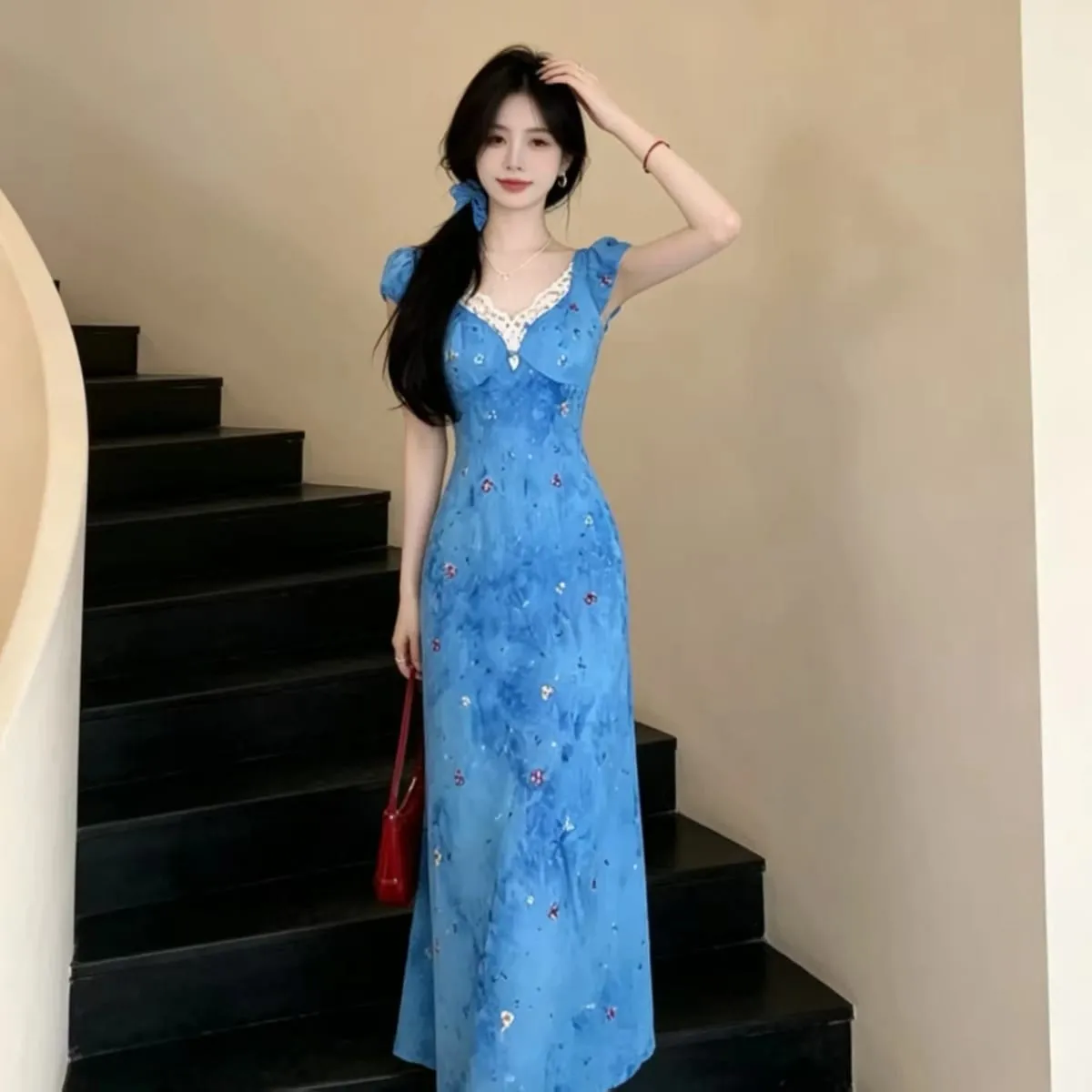Elegant Blue Lace Splice Beach Vacation Style Tea Break Dress High Waist A-Line Skirt Short Sleeve V-Neck Commute Korean Style