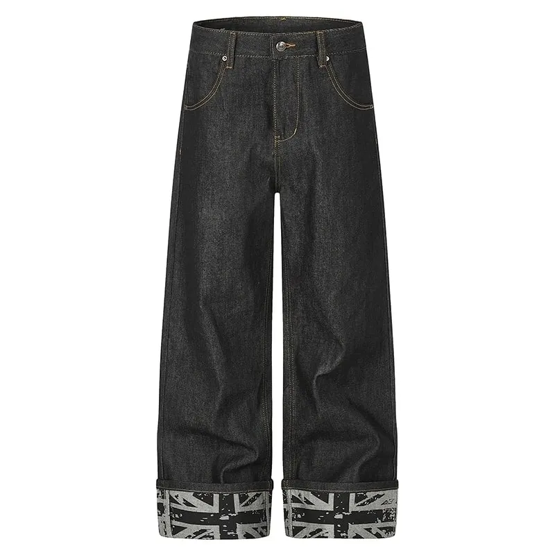 Men Raw Denim Wide‑Leg Jeans Rivet Decor Back Pockets Cuffed Hem Print Punk Streetwear Straight Long Pants 9X4317