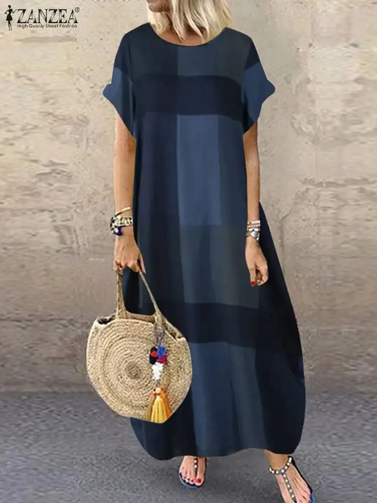 Bohemian Plaid Überprüft Sommerkleid Sommer Kurzarm Langes Kleid Mode Urlaub Partei Vestido Femme Casual Lose Robe 2025