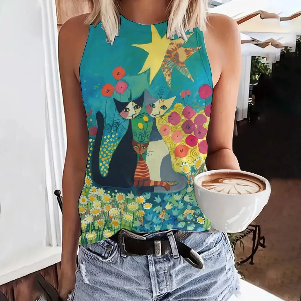 Débardeur d'été imprimé visage drôle de chat en 3D pour femmes, Streetwear à la mode, surdimensionné, col rond, gilet, épaules dénudées, sans manches, Camisole