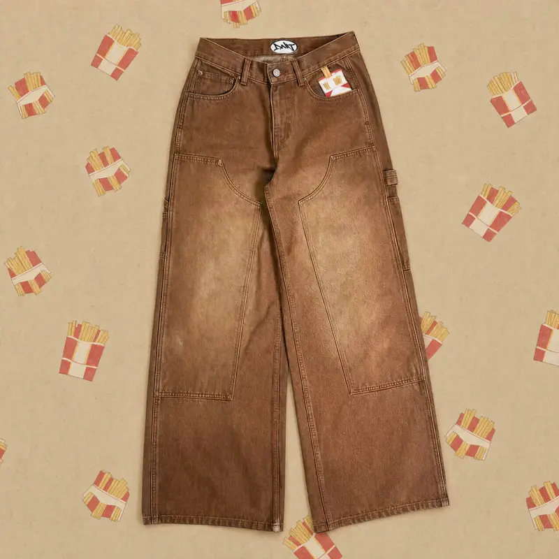 Jeans Tukang Kayu Coklat Kasual Pakaian Jalanan Celana Fashion Detail Kaki Lebar Bordir Saku Berat Pria Wanita Longgar Lembut Y2K
