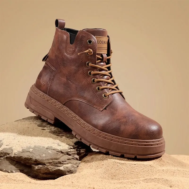 Mænd High-top Casual Støvler Kunstlæder Snørebånd Tykke skridsikre bloksål Syet detalje til Urban Street daglig udflugt