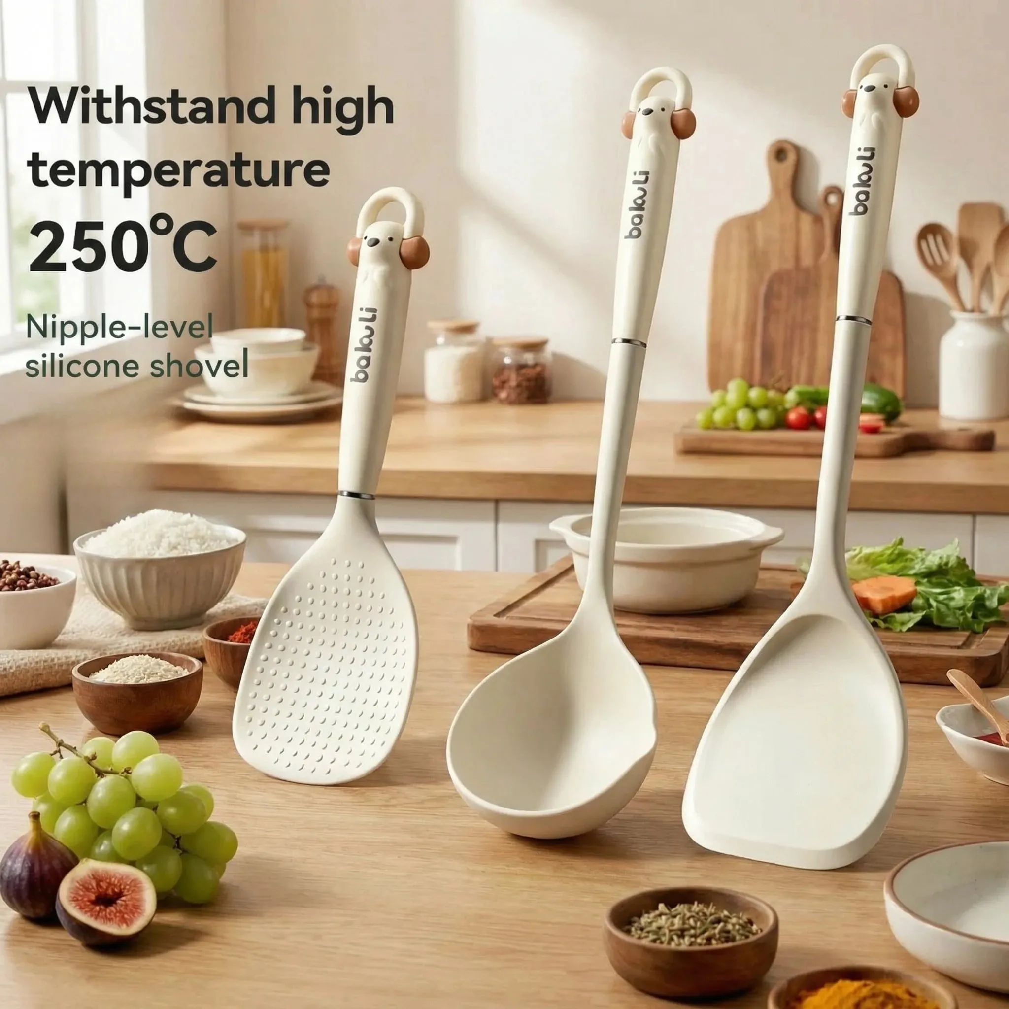 New Improved Kitchen Cooking Utensil 3-Piece Set - Silicone Spatula Rice & Soup Spoon Heat Resistant Non-Stick Cooking Tools