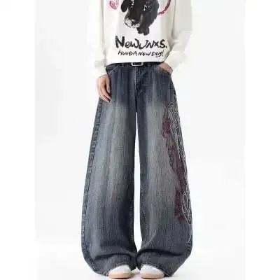 Men's Loose Straight Leg Jeans Pattern Embroidered Baggy Jeans Y2K Gothic Harajuku Hip Hop Straight High Waist Wide Leg Pants