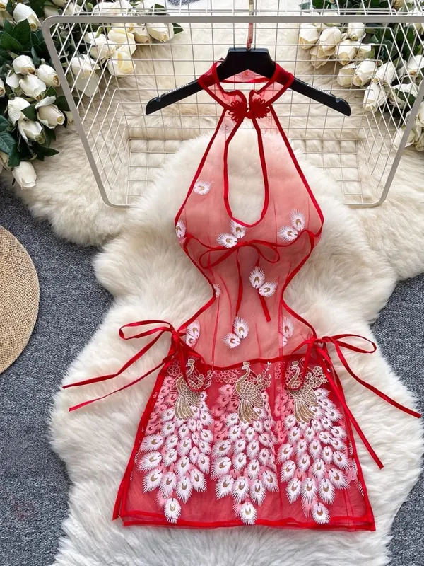 Woman Embroidery Floral Mesh Fashion Sexy Dress Chinese Style Short Sleeve Split Hollow Out Cheongsam New Gauze Sheer Dress