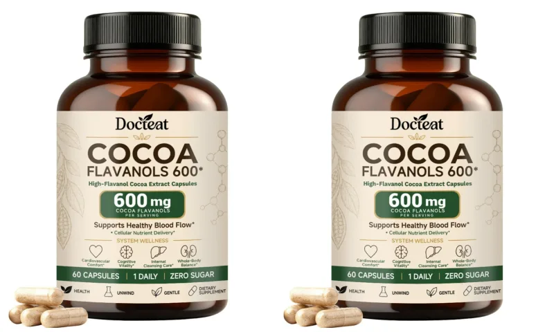 Docteat Cocoa Flavanols Capsules 600mg with Vitamin C L-Theanine & Alpha Lipoic Acid for Daily Wellness Support 60 Capsules