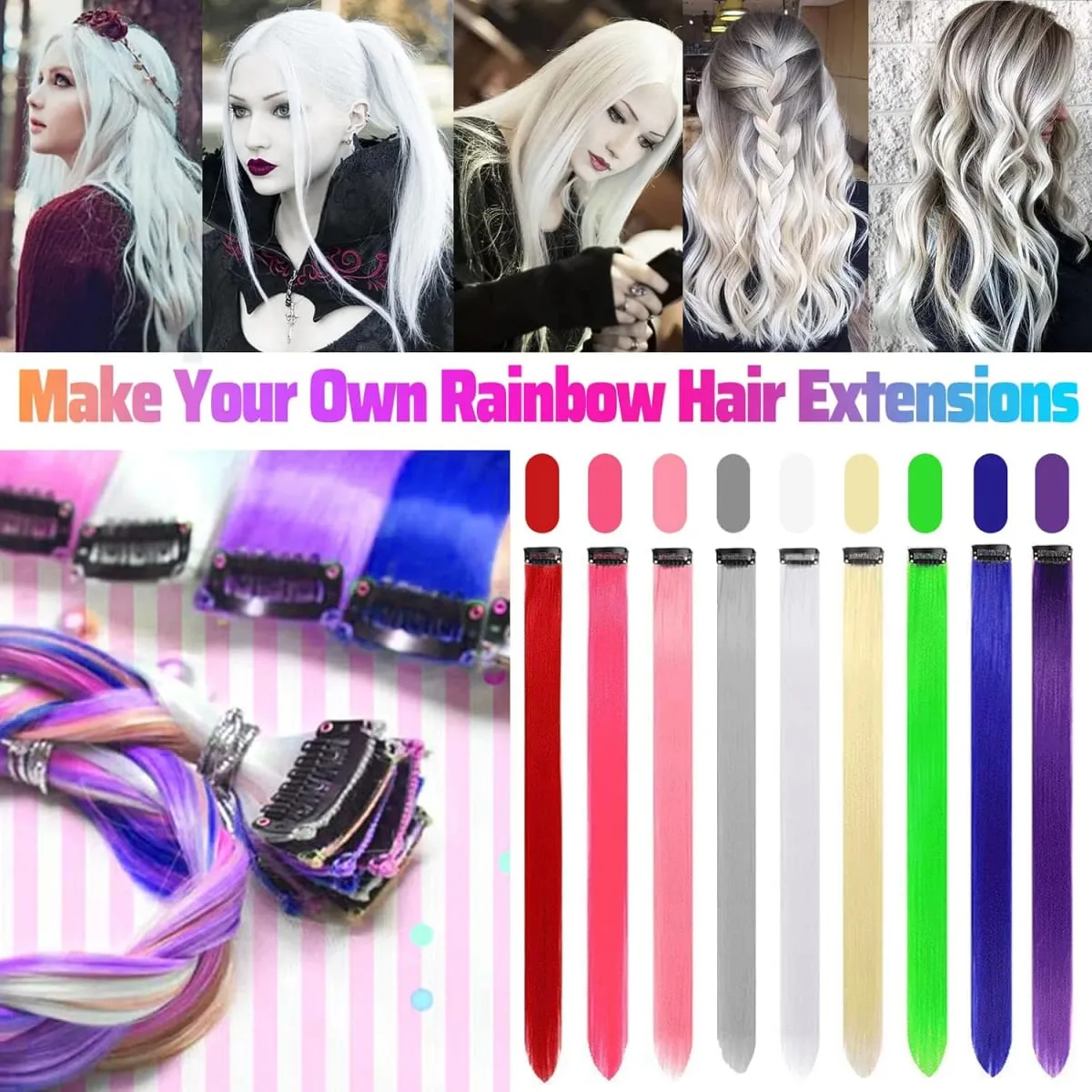 6/12 PCS White Hair Extensions Clip in Colored Party Highlights Extension Synthetic Hairpiece Straight 22 inch