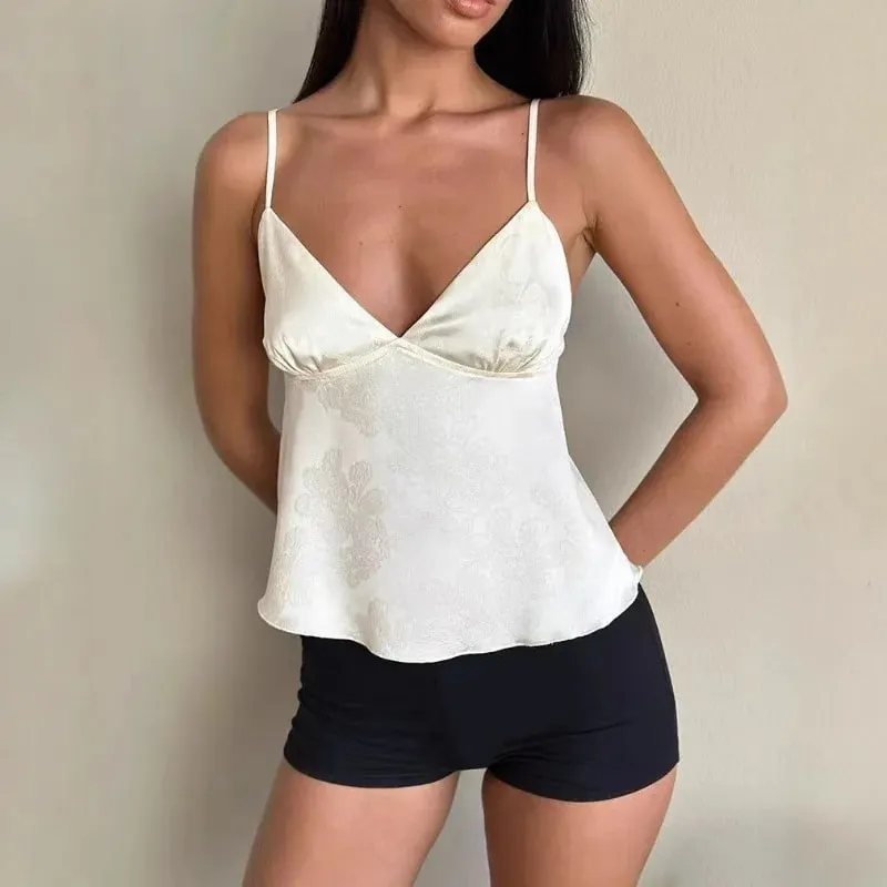 Women Satin Camisole Sexy Deep V Crop Top Fashion Streetwear Camis Summer Slim Casual Tank Top Sleeveless Backless Spaghetti Top