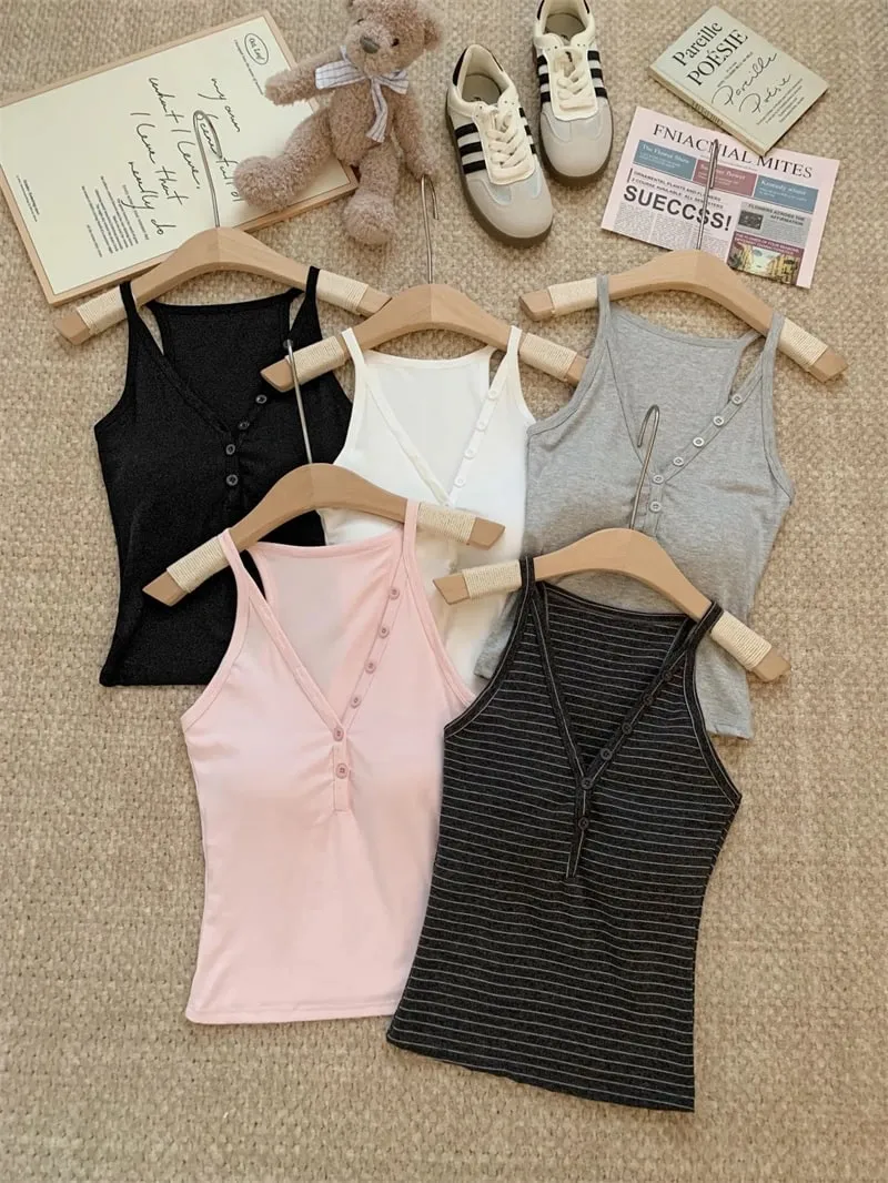 zjaiss Fashion Slim Fit Tank Top 2026 Summer V-neck Button Women Cami With Built-in Bra Pad Casual Basic Inner Top