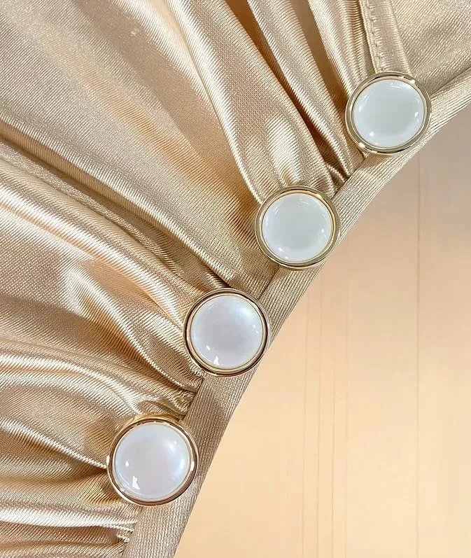 Women'S New V-Neck Short Sleeve Pleated Waist Button-Decorated Side Slit Fitted Dress Satin Dress Elegant Women'S Dress Champagn