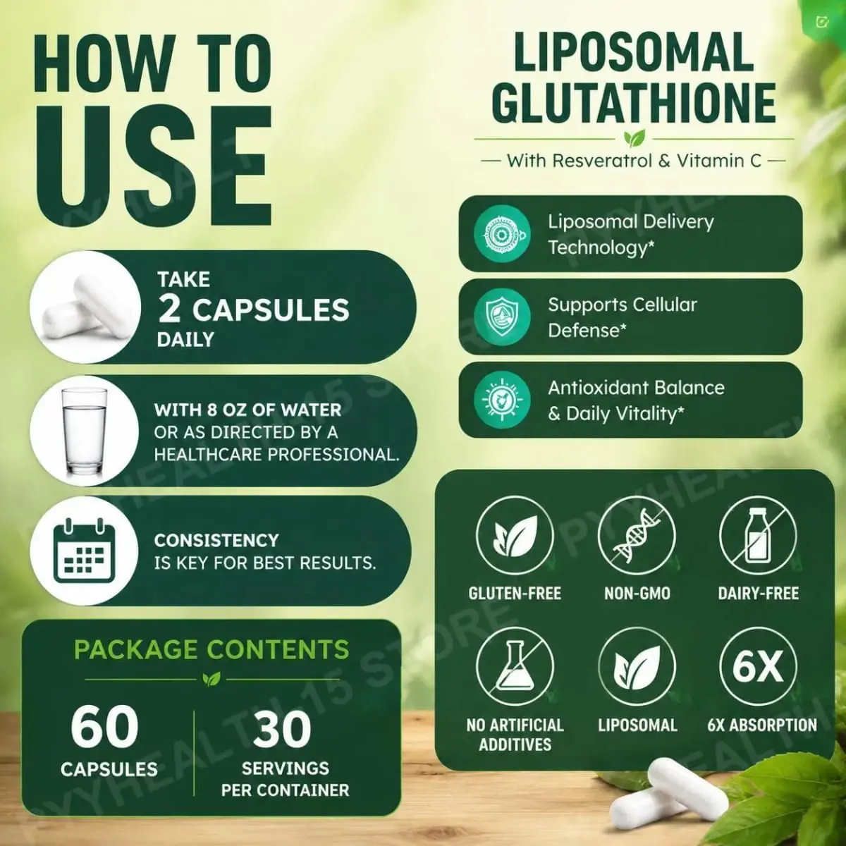 Cápsulas liposomales de L-glutatión con resveratrol, vitamina C, riboflavina y selenio para apoyo inmunológico y antioxidante, 60 unidades
