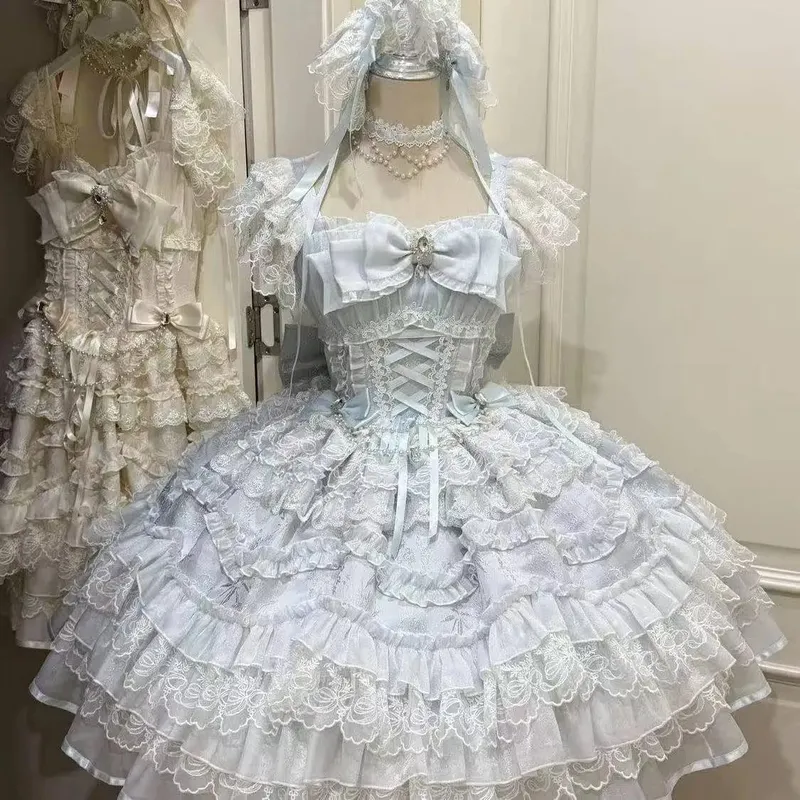 Cosplay Clothing Girls Vintage Elegant Holiday Party Dress 2026 Summer Lolita Strap Dress Japanese Sweet Kawaii Style Y2K Lace