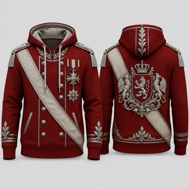 Mens Red Ceremonial Guard Uniform 3D Print Zip Hoodie Polyester Long Sleeve Cosplay Streetwear Jacket Costume Top Unisex