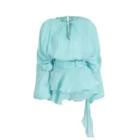 2026 New Summer Fashion Women Clothes Round Neck Lantern Sleeves Satin Short Dress With Shorts Under Two Pieces Set