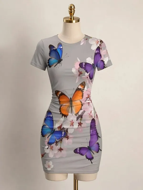 Womens Short Sleeve Bodycon Mini Dress Slim Fit Crew Neck Floral Print Casual Summer Party Cute Elegant Summer Vacation Sundress