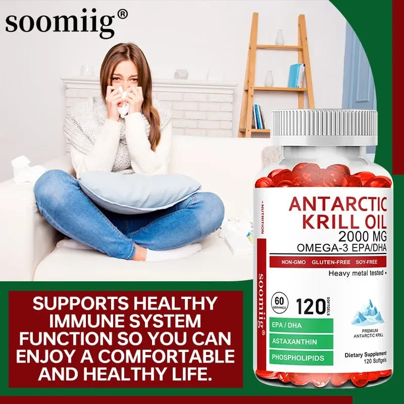 Antarctic Krill Oil 2000 Mg Capsules | 3X Strength Natural Source of Omega-3 EPA DHA with Astaxanthin Phospholipids Supplement