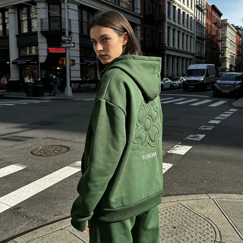 Olive Green Embroidered Zip Hoodie & Pants Set Men Streetwear Trendy Loose Casual 2-Piece Tracksuit New 2025 Fashion
