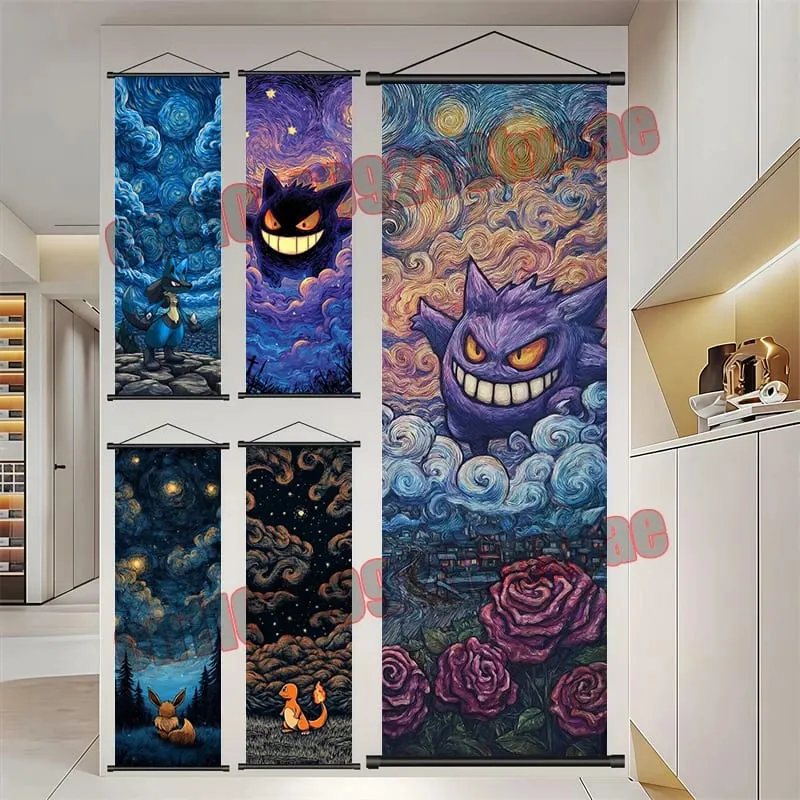 Printed Pokemon Poster Anime Wall Artwork Gengar Eevee Pikachu Images Scroll Paintings Retro Artist Home Living Room Decor