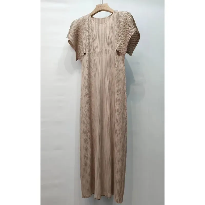 Miyake Pleated Dresses 2026 New Puff Sleeve V-Neck Loose Simple Slimming Elegant Long Dress Women's Draped Comfortable Clothing