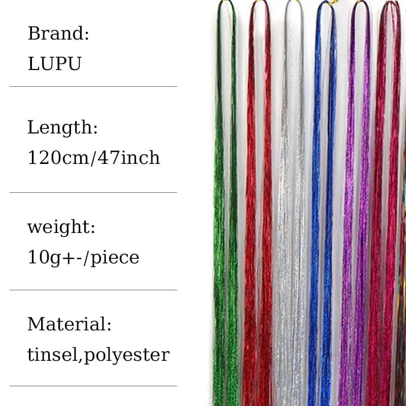 1PCS Sparkling Shiny Tinsel Hair 48inch Long Colored Hair Extensions Party Hightlights Women Hairpiece Halloween Christmas Use