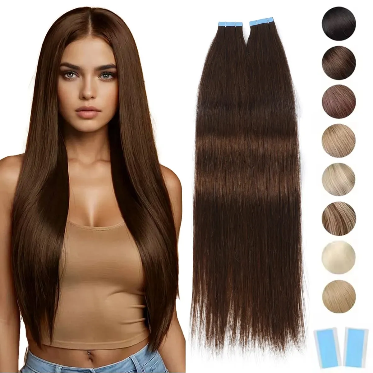 Tape in Human Hair Extensions Brown Seamless Tape in Hair Extensions Skin Weft PU Tape On Hair 12'-24' Machine Remy Tape Ins