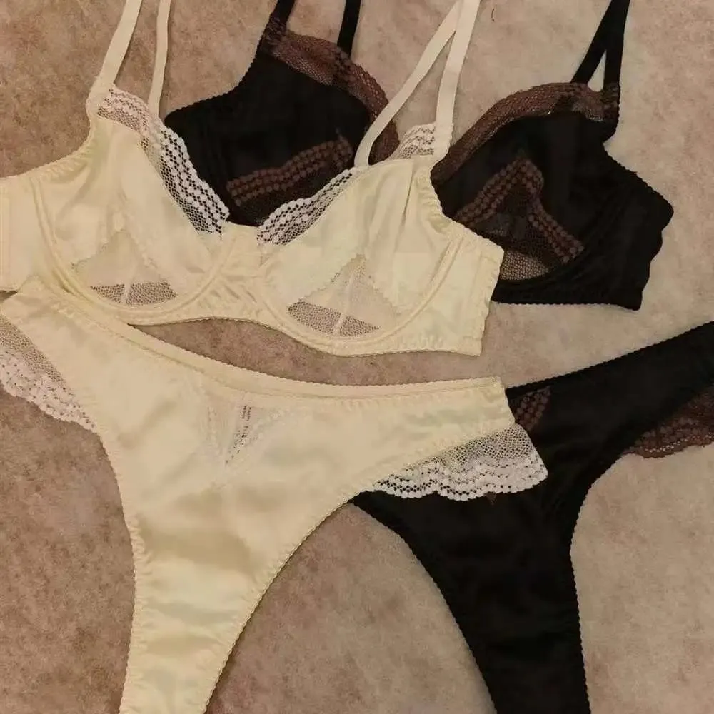 Satin Dessous-Set Französischer Spitzen-BH mit Vorder-Verschluss - Ultra dünn Minimizer & Push Up für jede Größe BANERDANNI AB