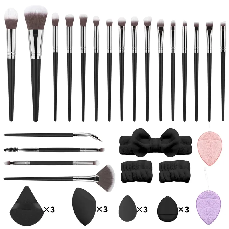 37Pcs Makeup Tool Kit 20Pcs Makeup Brushes With Hairband Wristband Powder Puff Facial Sponge