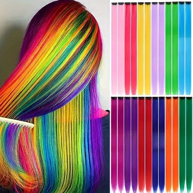 24Pcs/lot Clip in Hair Extensions Multi-Colors Highlights Synthetic Hair 22 inch Rainbow Hairpieces for Girls Women Kids