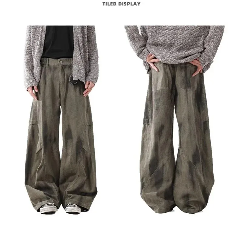 2026 New Men's Pleated Distressed Retro Straight Jean High Street Fashion Baggy Cargo Denim Pants Y2K Vintage Youth Jeans Homme