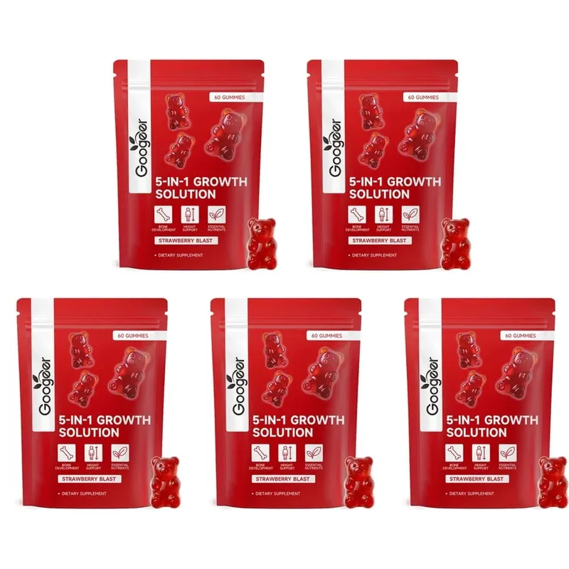 Googeer 5-IN-1 Growth Solution Gummies สำหรับการพัฒนากระดูกและส่วนสูงวิตามิน D3 K2 แคลเซียม Strawberry Blast 60 Gummies
