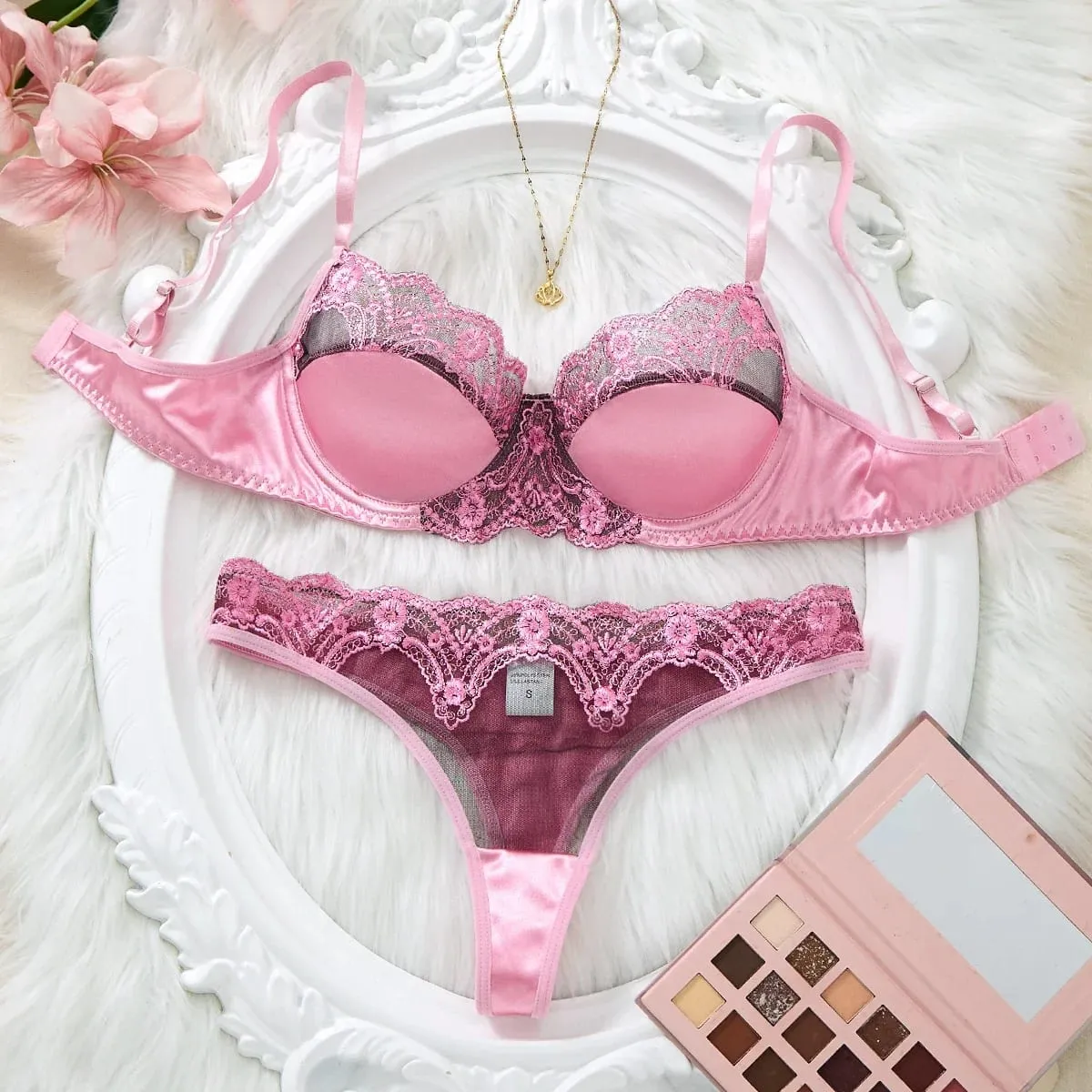 Women Romantic Pink Lace Lingerie Set Padded Balconette Bra Sheer Thong Satin Trim Date Night Valentine Underwear