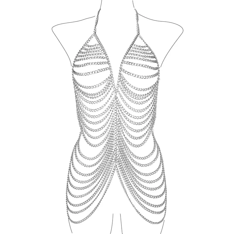 Feminino chainmail halter mini vestido sem costas metal corpo corrente praia clubwear sexy festival festa roupa multi-camadas vestidos