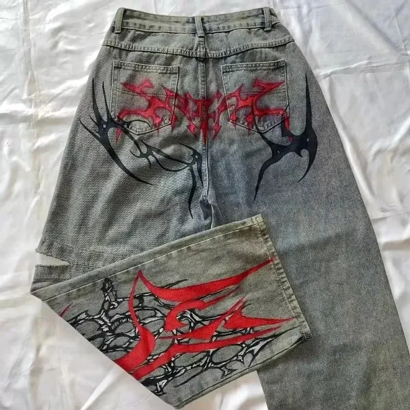 American Y2K Hip Hop Fashion Trend Skull Embroidery Spot Jeans Men Street Loose Straight Wide-leg Pants Couple Oversized Jeans