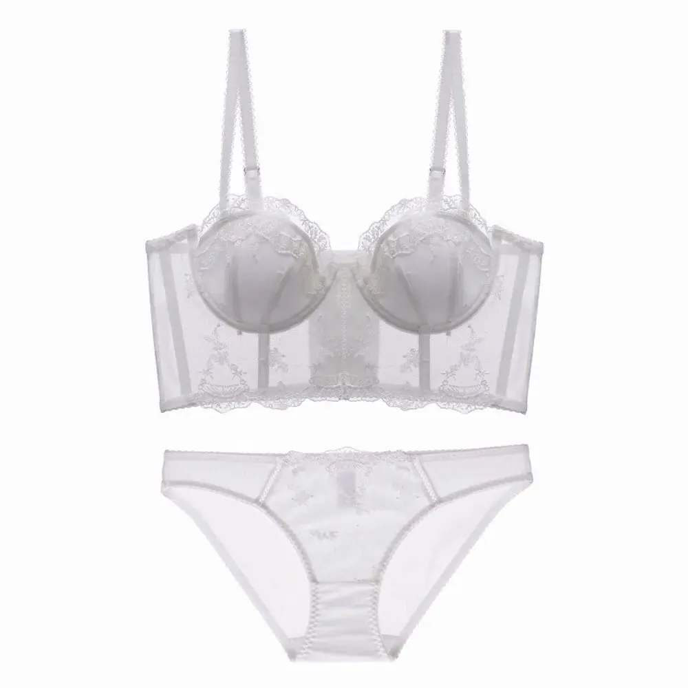 French Fishbone Corset Top Women Lace Lingerie Set Outer Wear Bra Thin Push‑Up Less Bust Side Support Underwear 32‑38